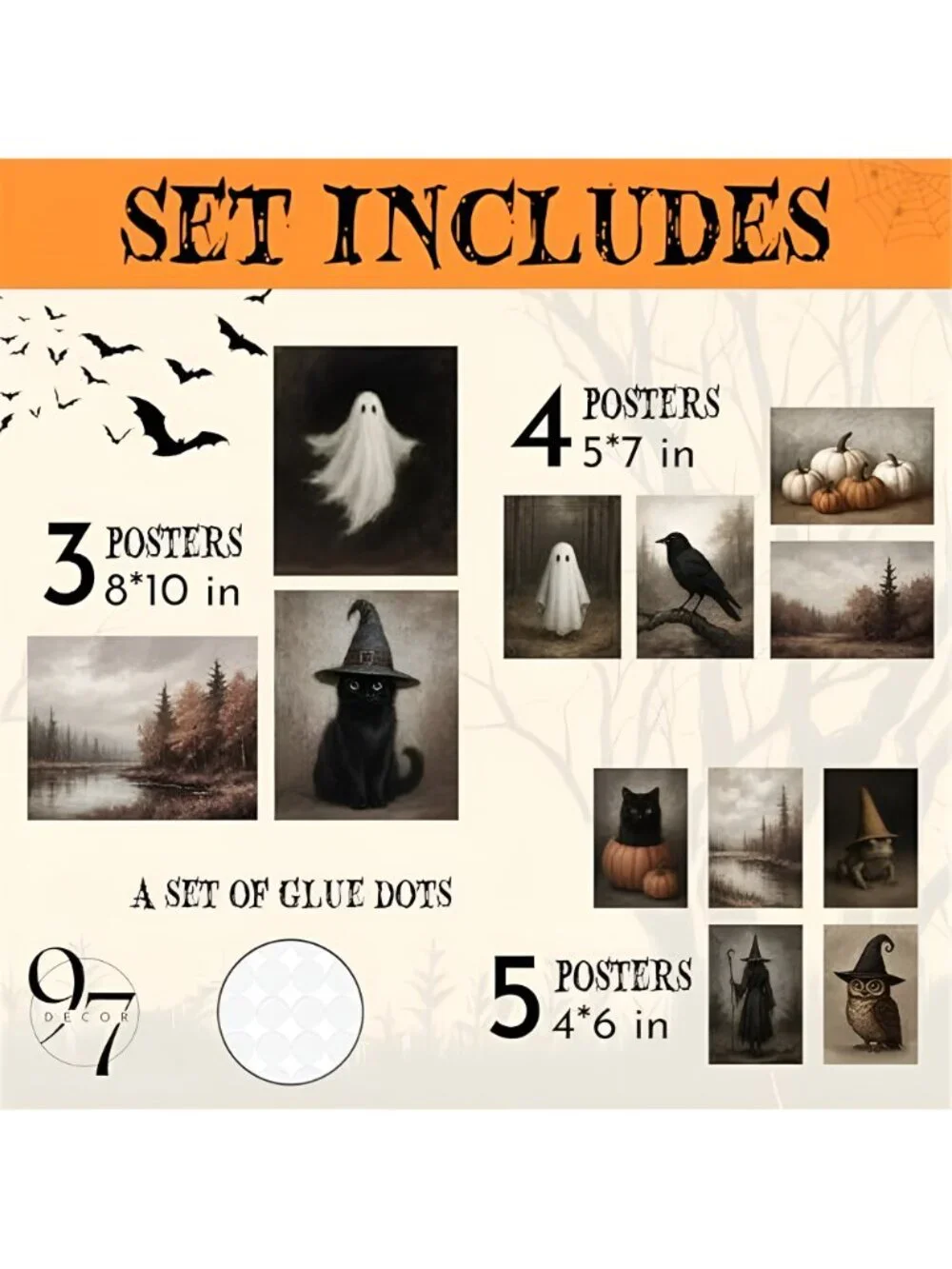 Vintage Halloween Wall Art, Ghost and Witchy Posters, Unframed
